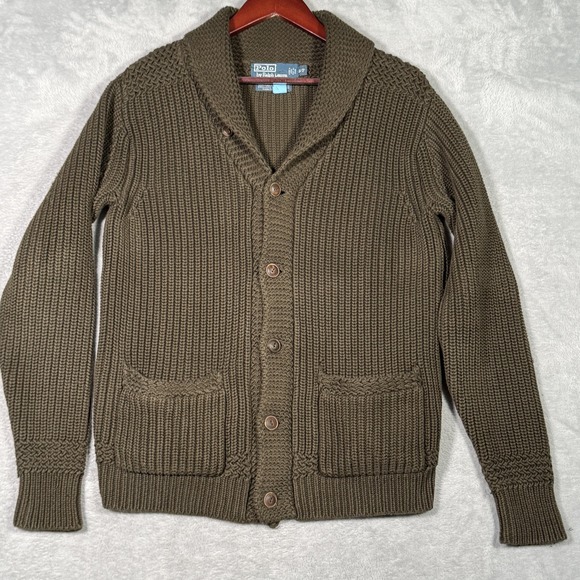 Polo Ralph Lauren Sweater Mens Small Green Shawl Collar Chunky Knit Cardigan Vtg